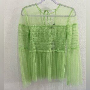 Romeo&Juliet Couture Mesh Y2K Boho Sheer Top Bell Sleeve Festival Fairy Stretch